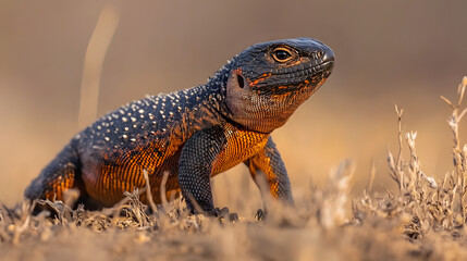 Obraz premium A striking lizard, its black skin speckled with white and vibrant orange, stands alert in its natural habitat. Its scales glisten in the warm light, showcasing its unique coloration and texture.