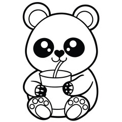 Cute cartoon panda bear character with a cup of tea colring page