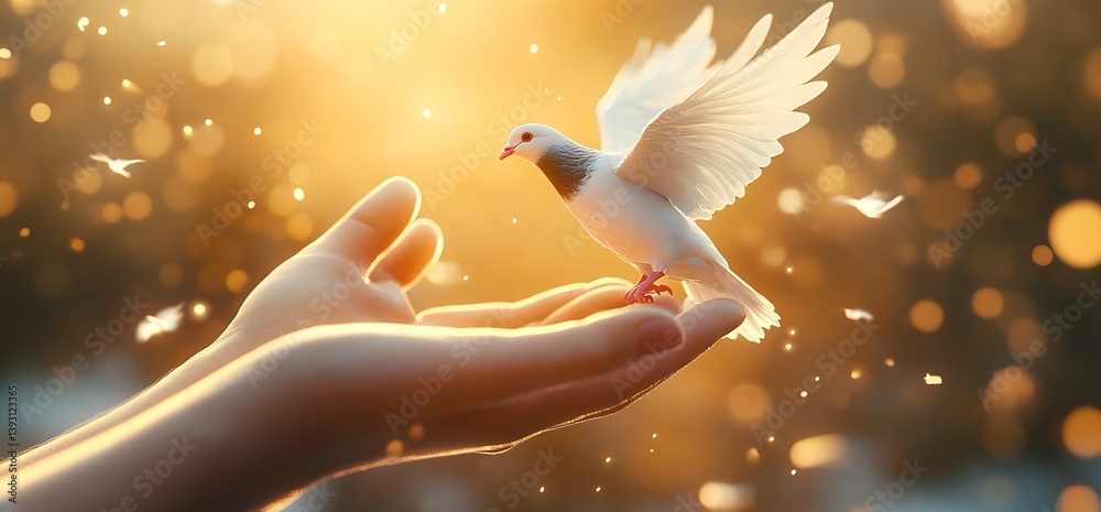 Poster a pigeon takes off from open hands surrounded by a warm golden light : generative ai