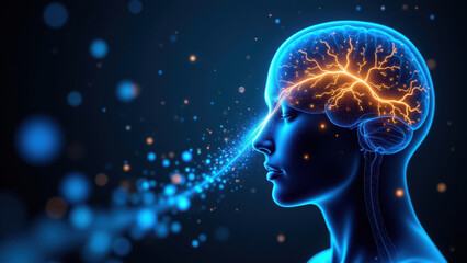 A person's head with VNS technology represented by lightning, suggesting the concept of Vagus Nerve Stimulation (VNS).