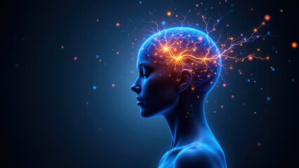Obraz premium 3D illustration of a human head with an activated VNS device, highlighting brain activity during vagus nerve stimulation.