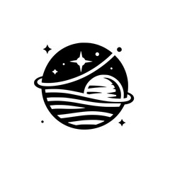 Abstract Planet Logo with Sunset, Stars, and Rings - Minimalist Design