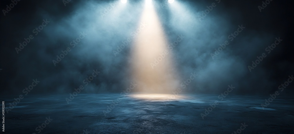 Aufkleber dramatic spotlight illuminating dark stage with smoke and texture background for performance art and
