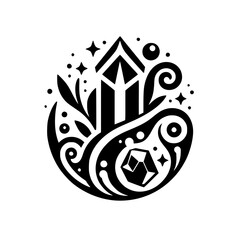 Mystical Black & White Logo: Tower & Gem Design