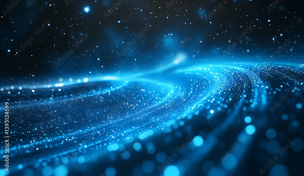 Poster stunning visual of glowing blue particles swirling in a cosmic backdrop highlighting the beauty of t