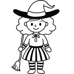 Cute cartoon Halloween witch character flying on a magic broom with a hat coloring page