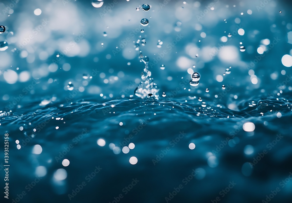 Poster Close up of Water Droplets Falling into Clear Blue Water Creating Ripples and Splashes Freshness and Purity Abstraction : Generative AI