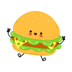 A friendly cartoon hamburger character smiles, offering peace signs in a cheerful and colorful design.