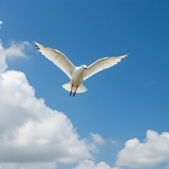 Obraz premium Seagull in Flight Blue Sky White Clouds