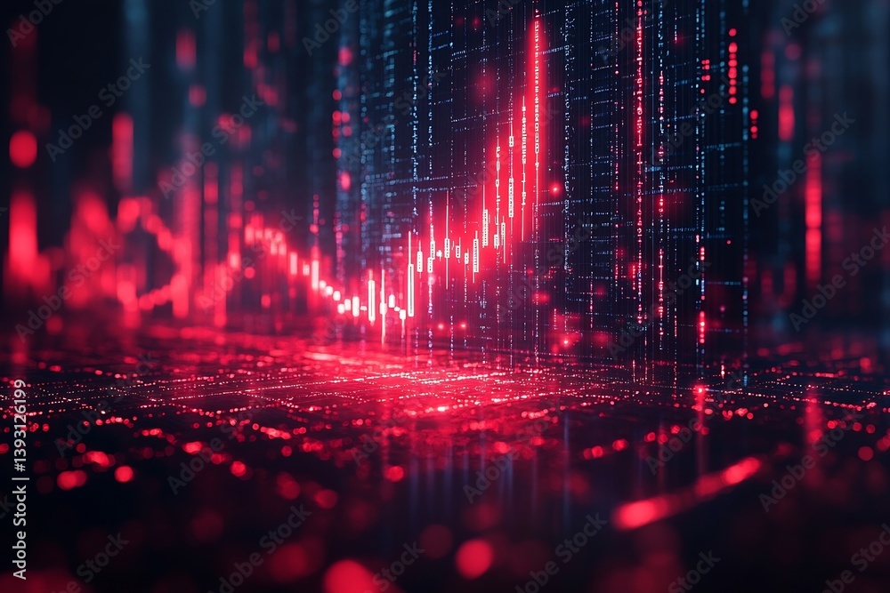 Poster Dramatic Digital Visualization of Data Loss with Red Matrix and Descending Signals Representing Cyber Security Failure : Generative AI