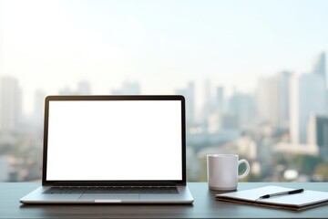 Fototapeta premium a laptop with a white, blank screen on an office desk