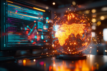 Elegant Streams of Binary Data Spinning Around a Crystal-Clear Globe in a Futuristic Control Room, Highlighting Global Connectivity and Ultra-Detailed Technology