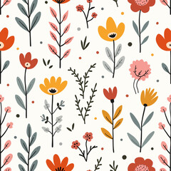 Seamless floral pattern, seamless pattern with poppies, Seamless floral pattern, Floral colorful seamless Pattern. Hand drawn Flowers and branches in Scandinavian style. Spring summer plants botanic