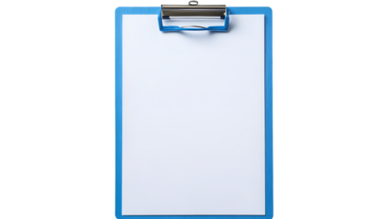 Blue clipboard with white paper on white background