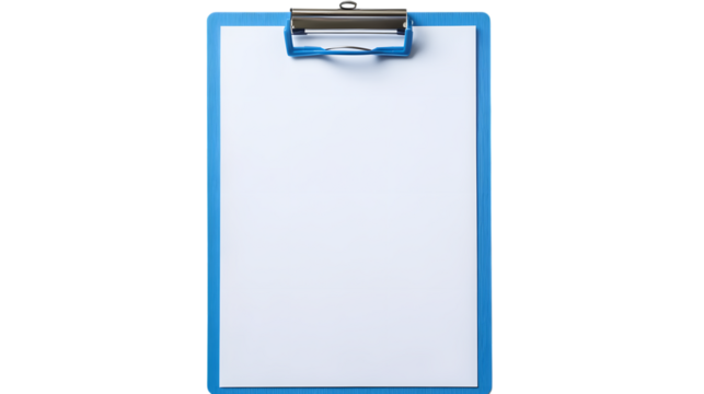 Blue clipboard with white paper on white background