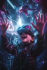Excited kid with VR glasses reaching toward holographic creatures and landscapes in dimly lit futuristic gaming environment Generative AI