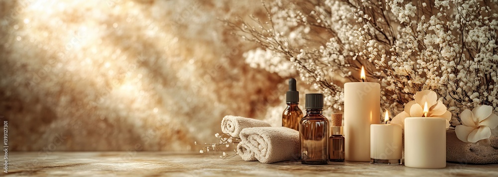 Poster serene spa still life with candles essential oils and rolled towels for relaxation and wellness ambi