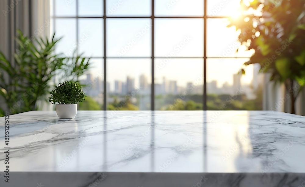 Poster modern home interior with marble table top and potted plant in front of a large window overlooking t