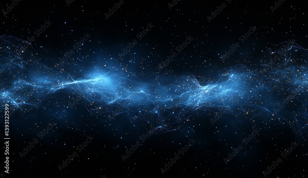 Poster glowing strands of cosmic light forming intricate patterns against a backdrop of the starfilled univ