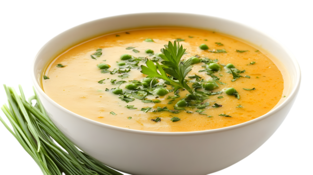 bowl of yellow soup isolated on white background