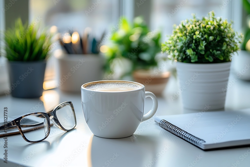 Poster cozy workspace still life with coffee glasses plants and notepad on white desk for relaxation and pr