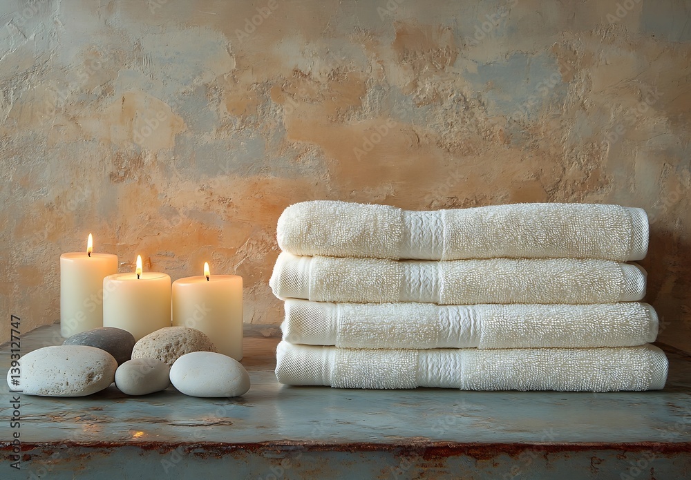 Aufkleber Spa Still Life with Rolled Towels Lit Candles and Smooth Stones on a Textured Surface : Generative AI