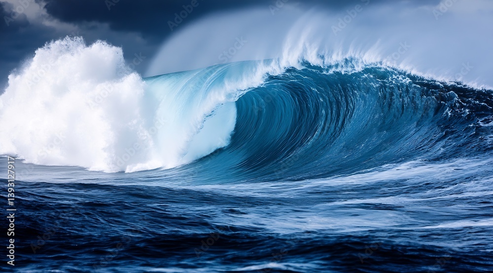 Aufkleber powerful ocean wave crashing in the sea with white foam and dark blue water texture against a cloudy