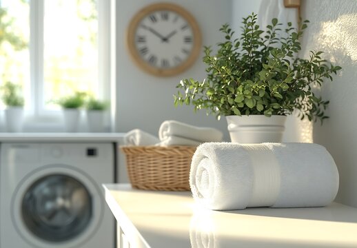 Freshly Laundered White Towels and Green Plant in Bright Modern Laundry Room with Clock and Washing Machine : Generative AI