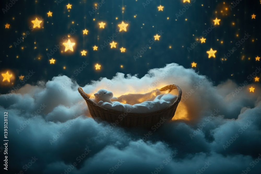 Poster dreamy cradle surrounded by sparkling stars in a soft cloud backdrop for a peaceful bedtime atmosphe