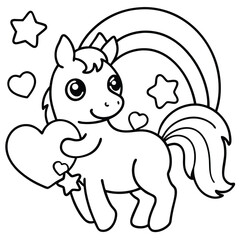 Adorable Unicorn Holding Hearts | Cute Unicorn Line Art Drawing