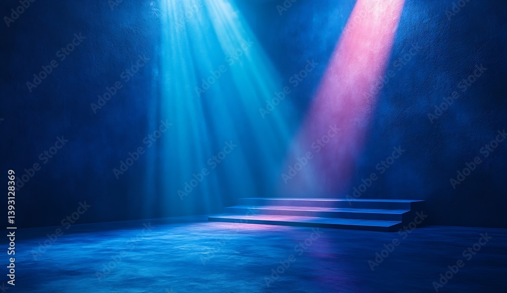 Poster Abstract Blue and Pink Spotlight Rays on Concrete Steps Moody Lighting Stage Background Concept Creative Design : Generative AI