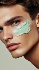 Close up portrait of man wearing light green cosmetic cream, showcasing modern skincare practices and evolving male grooming aesthetic