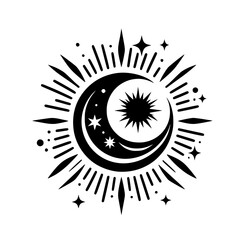 Celestial Symbol: Moon, Stars & Sunburst in Black & White