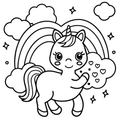 Adorable Unicorn Holding Hearts | Cute Unicorn Line Art Drawing