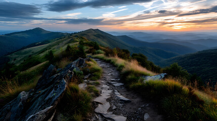 A peaceful mountain hiking trail leading through rolling hills, bathed in the warm glow of a sunset, with distant peaks visible in the background.A peaceful mountain hiking trail leading through rolli