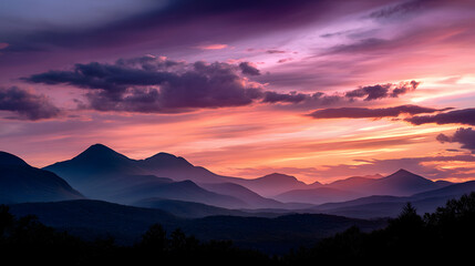 A peaceful sunset over a mountain range, with the sky transitioning from soft pinks and oranges to deep purple as the sun sets.A peaceful sunset over a mountain range, with the sky transitioning from 