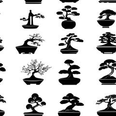 Collection of Bonsai trees pattern vector designs, Bonsai trees tiled design