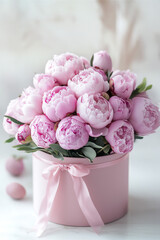 Romantic floral display featuring blush peonies in a stylish pink box.