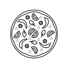  Top view vector whole tasty mexican pizza with tomato and hot chilli pepper isolated on white background.