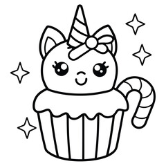 Cute kawaii coloring pages  vector illustration of a set of pink birthday cupcakes, a delicious sweet dessert with cream and chocolate icing
