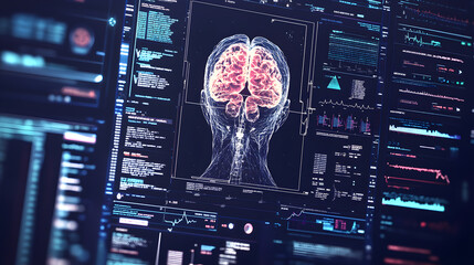 A digital brain scan displayed on a futuristic computer screen with various data streams and graphs.  The image represents AI, neuroscience, or medical technology.