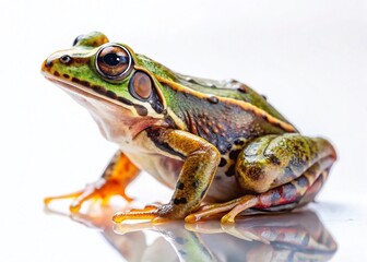 Obraz premium European Marsh Frog Rana ridibunda Closeup Isolated on White Background Stunning Detail for Educational or Scientific