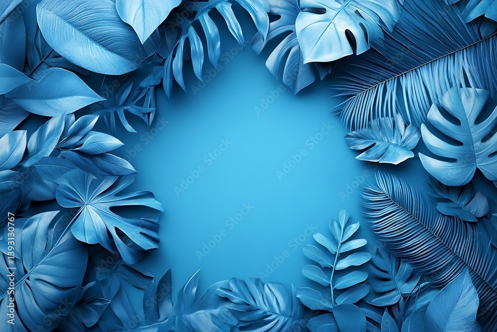 Poster monochromatic blue tropical leaves patterned background for summer vibes and serene aesthetic design