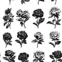 Pattern of Peonies vector icons, Peonies seamless pattern