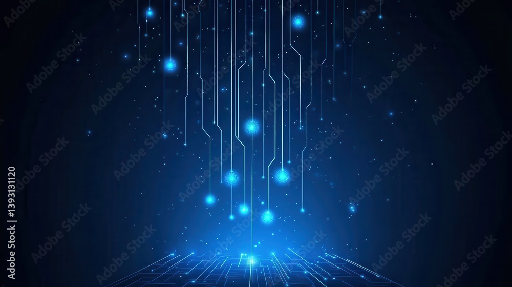 Poster glowing blue data flows through a circuit board in a futuristic representation of digital informatio