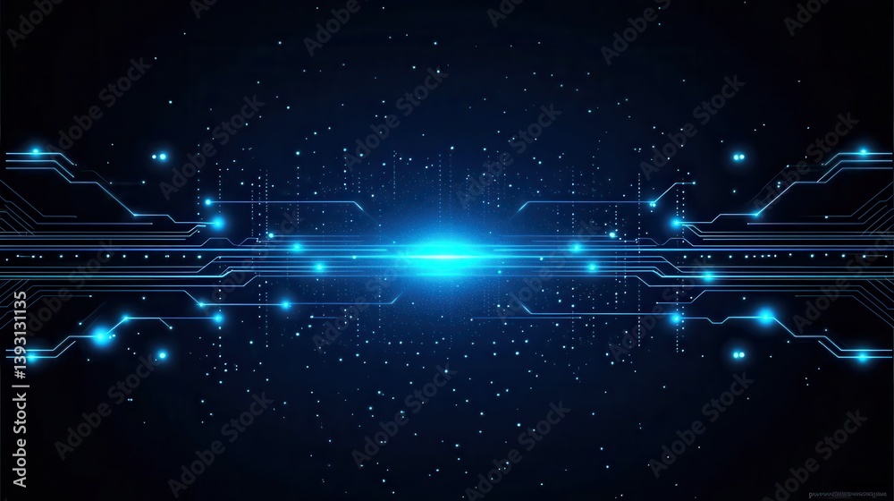 Poster luminous circuit board elements connecting with radiant lines, generating technological network patt