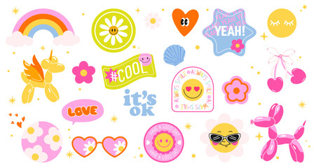 Fototapeta premium Trendy Y2K and boho-style vector sticker set. Bright rainbows, smiley faces, balloon animals, hearts, and fun quotes — perfect for adding positive vibes to stories, blogs, or fashion designs. 