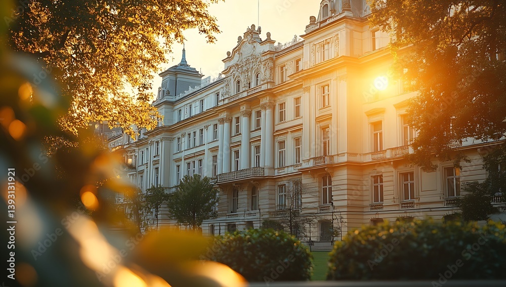 Poster golden hour building facade shines with sunlight illuminating classic architecture and tranquil urba