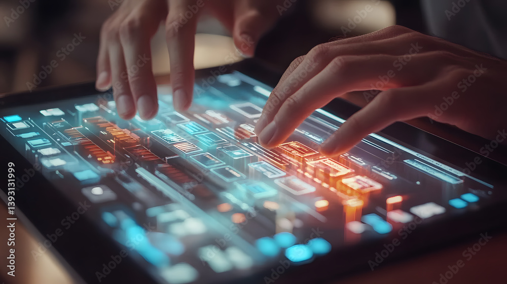 Poster close-up of hands using a futuristic tablet with glowing digital interface. the user interacts with 