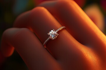 Obraz premium Elegant Engagement Ring Glimmers in Soft Light on a Delicate Hand
